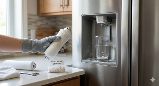 A hand wearing a gloved holds a white refrigerator water filter covered in limescale next to a bag of hard water deposits.