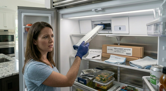 A woman with a confused expression holds a new refrigerator air filter while looking into an open Sub-Zero refrigerator.