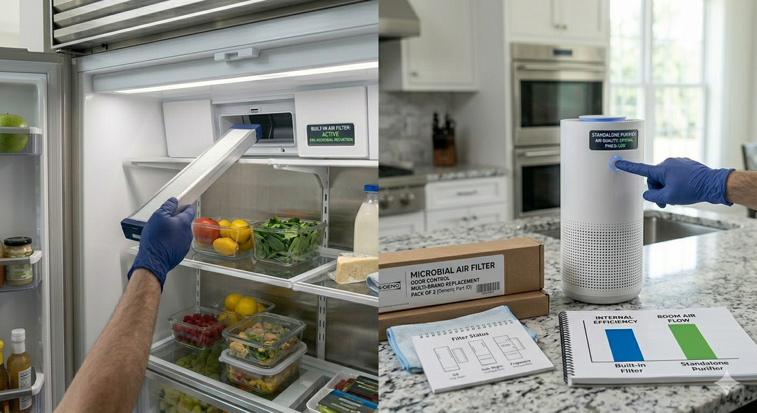 A split image comparing a gloved hand installing a long refrigerator air filter on the left with another hand operating a modern room air purifier next to a comparison chart on the right.