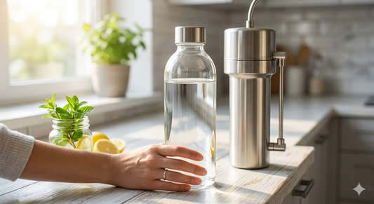 A person's hand resting on a clear glass water bottle next to a durable stainless steel water filtration system on a bright kitchen counter.