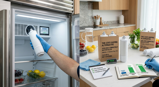 A person wearing blue gloves installs a replacement water filter into a Sub-Zero refrigerator next to a bundle of compatible filters on a kitchen counter.