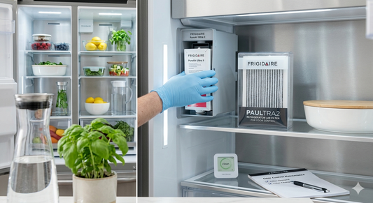 A person wearing a blue glove installs a Frigidaire PureAir Ultra II air filter into a refrigerator.