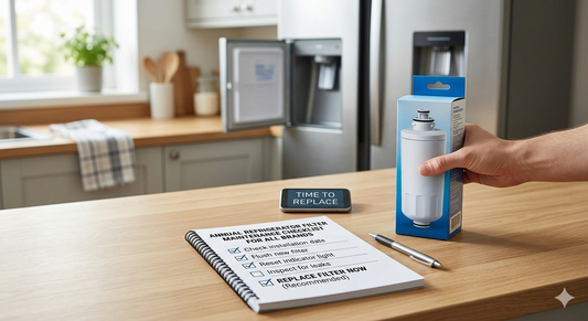 Kitchen counter with a maintenance checklist, pen, smartphone, and new water filter, featuring an open stainless steel refrigerator in the background.