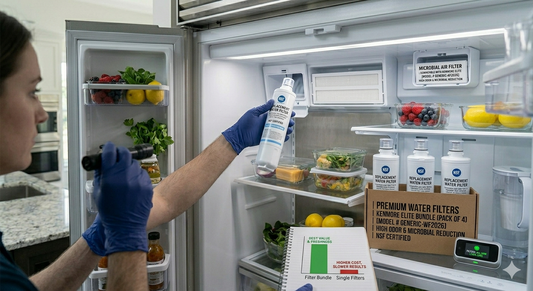 A technician wearing blue gloves installs a replacement water filter into a Kenmore Elite refrigerator, while holding a flashlight, next to a bundle box of filters and a comparison chart.