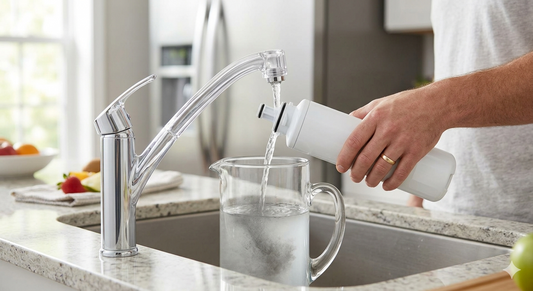 A close-up photograph capturing a person's hands holding a new refrigerator water filter under a running kitchen faucet, flushing it into a glass pitcher in a stainless steel sink, demonstrating the removal of carbon dust.