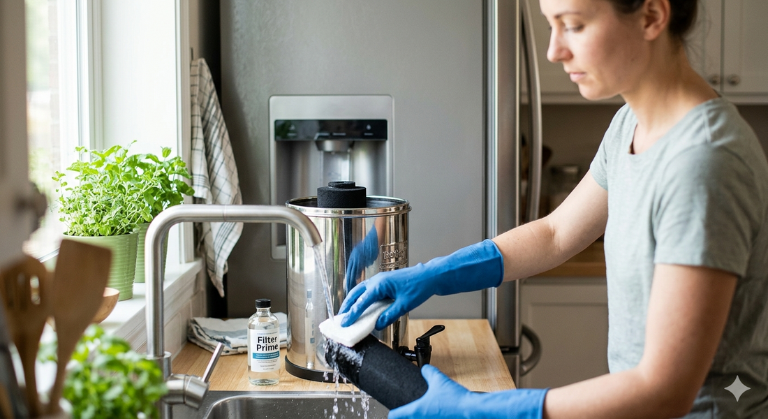 Woman in blue gloves cleans Berkey filter element in a modern kitchen.