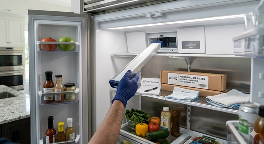 A person wearing a blue glove installs a new air filter into a Sub-Zero refrigerator.