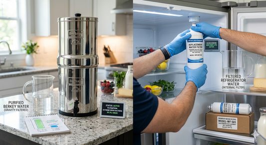 A side-by-side comparison image shows a stainless steel Berkey water filter on a counter on the left and a technician installing a new filter inside a refrigerator on the right, with a comparison chart.