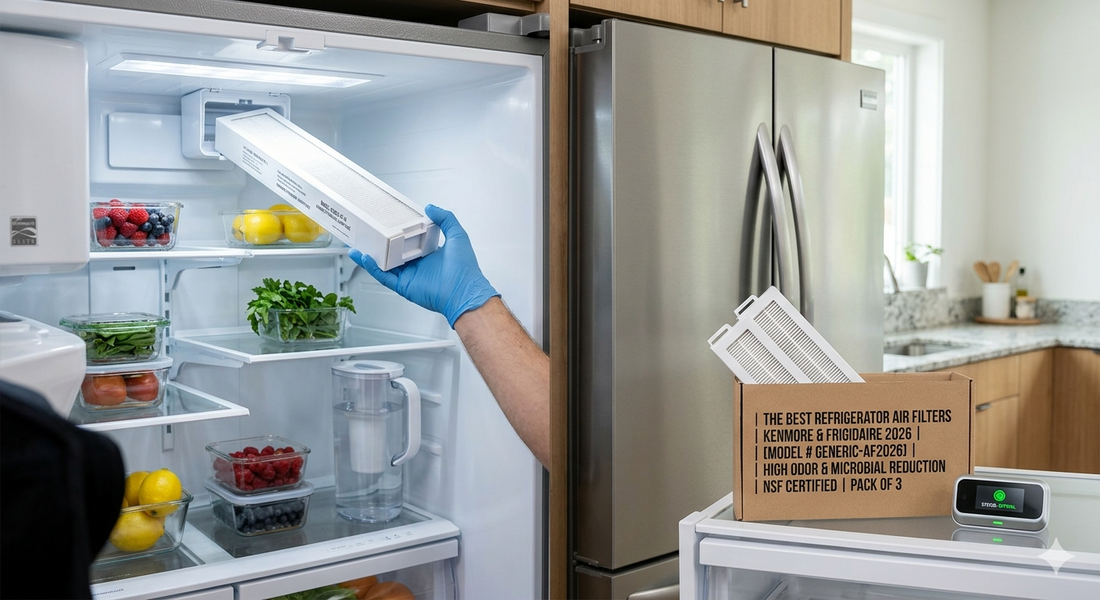 A person with a blue glove installs a high-efficiency air filter into a Kenmore refrigerator, next to a box of compatible filters and an odor sensor.