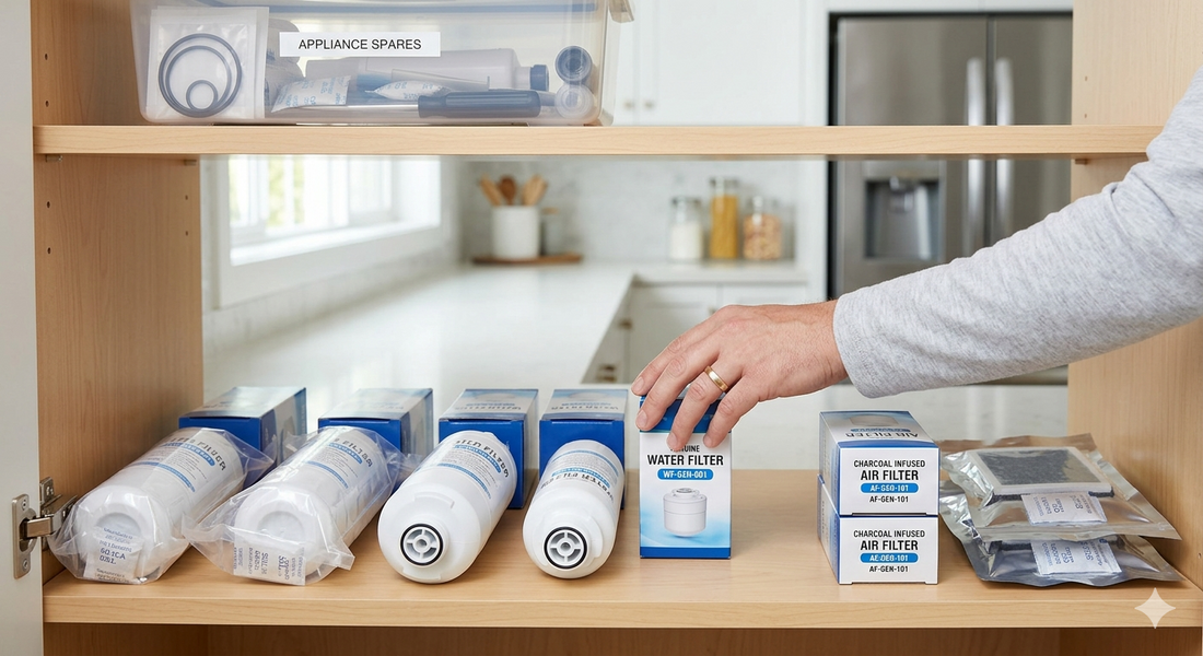 A close-up photograph of a hand selecting a blue and white water filter box from a neatly organized kitchen pantry shelf filled with spare refrigerator water and air filters.