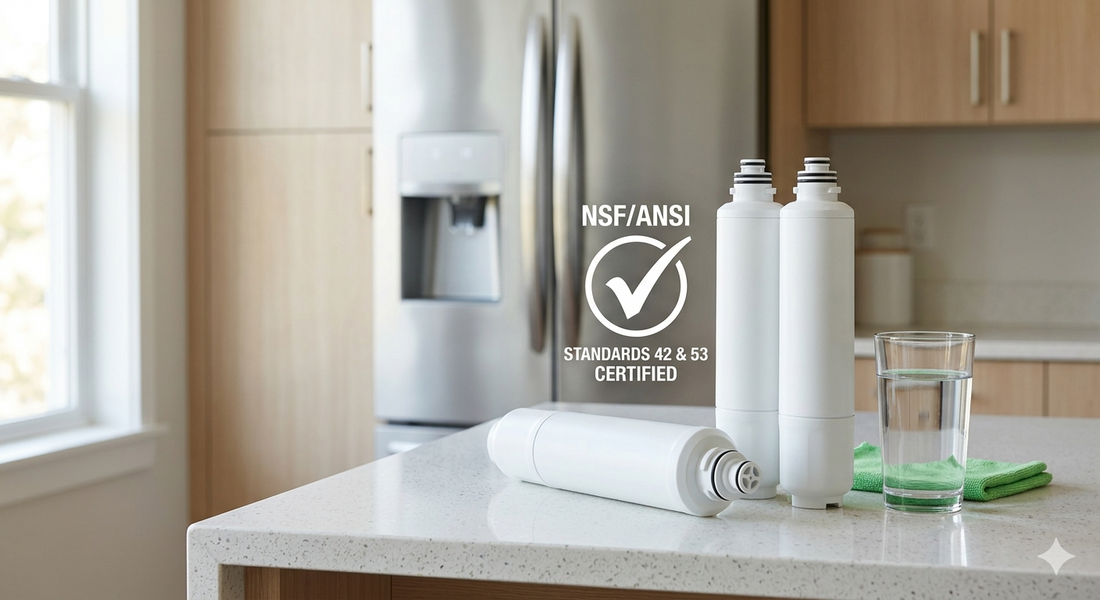 Three white refrigerator water filters on a kitchen counter with an NSF/ANSI standards 42 & 53 certified graphic.