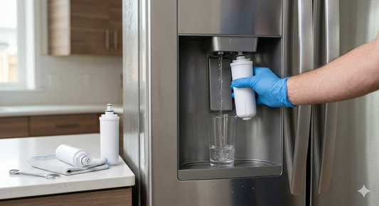 A person wearing a blue glove holds a new water filter while water dispenses from the refrigerator.