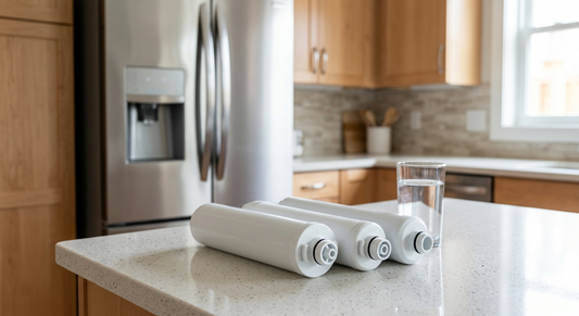 Three white refrigerator water filters lie on a kitchen counter next to a glass of water.