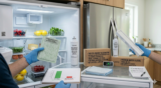 A comprehensive display inside an open refrigerator shows various water and air filters, product boxes, a comparison chart, and a technician in blue gloves managing the inventory.