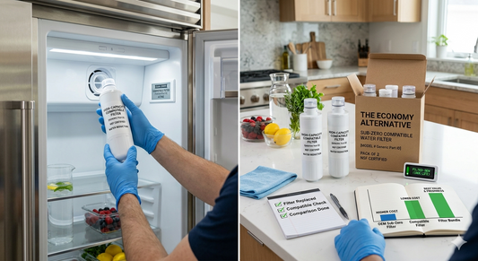 A split image shows a hand installing a generic alternative water filter into a Sub-Zero refrigerator on the left and a comparison of OEM vs. compatible filters with charts on the right.