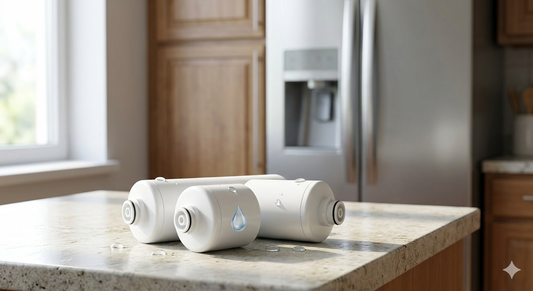Three white refrigerator water filters with water droplets on a kitchen counter.