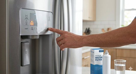 A person's hand pressing a "Filter Reset" button on a stainless steel Kenmore refrigerator control panel, with a new water filter and a glass of water on the counter.