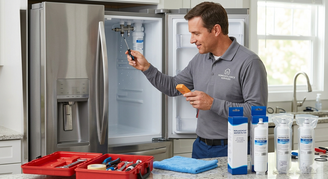 A photograph of an appliance repair technician in a grey polo shirt inspecting the internal water filter connection of an open stainless steel refrigerator.