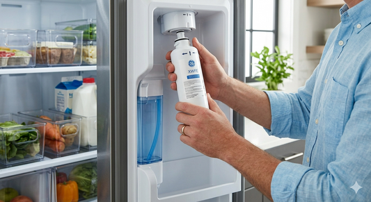 A person in a light blue shirt in a modern kitchen holds a white GE XWFE refrigerator water filter, ready to install it into the open, well-stocked refrigerator's dispenser housing.