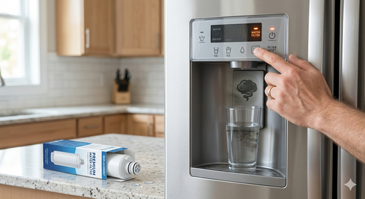 A photograph of a person pressing the "Filter Reset" button on a stainless steel refrigerator door dispenser, with a glass of water and a new filter on the counter.