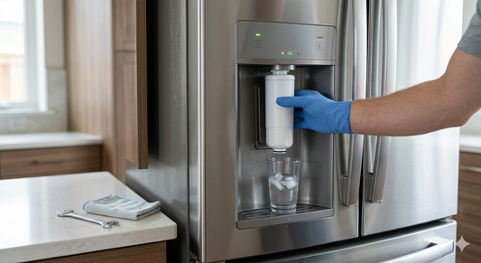 A hand in a blue glove installs a new white refrigerator water filter next to an OK status light.