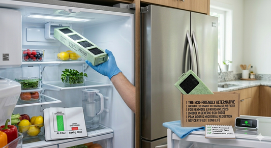 A person with a blue glove installs a large, block-shaped reusable air filter into a refrigerator next to its product box.