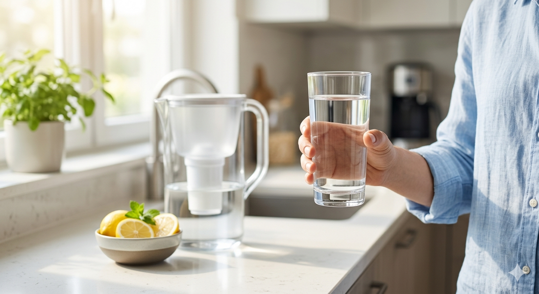 A kitchen scene showing a hand holding a glass of clear water with a water filter pitcher and lemons in the background, promoting seasonal sales.