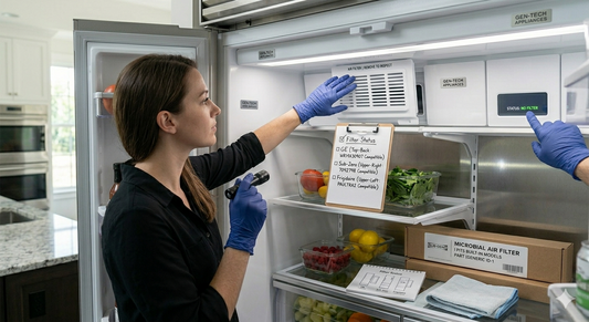 A woman uses a flashlight to inspect a white plastic air filter housing on the back wall of a modern refrigerator.