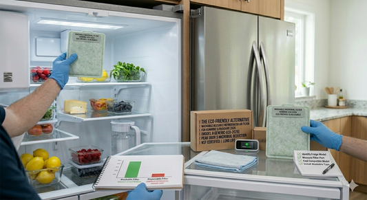 A technician wearing blue gloves installs a reusable air filter into a refrigerator next to a product box and a detailed checklist on a notepad.