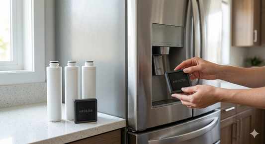 A person holds a small square black refrigerator air filter labeled "AIR FILTER" next to three tall white water filter cartridges and a stainless steel refrigerator.