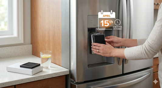 A person replaces a square black air filter in a refrigerator with a calendar graphic showing a 6-month reminder.