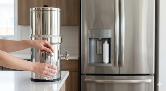A person pours water from a large stainless steel gravity-fed filter system in a kitchen, with a modern refrigerator in the background.