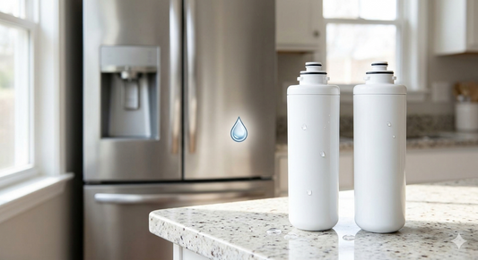 Two generic white refrigerator water filters on a kitchen counter with a blurred fridge.