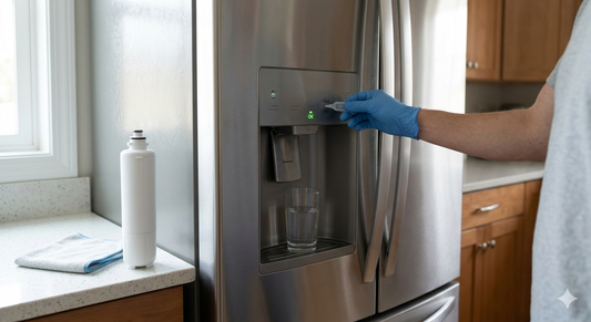 A hand in a blue glove resets a refrigerator water filter light on the dispenser panel.