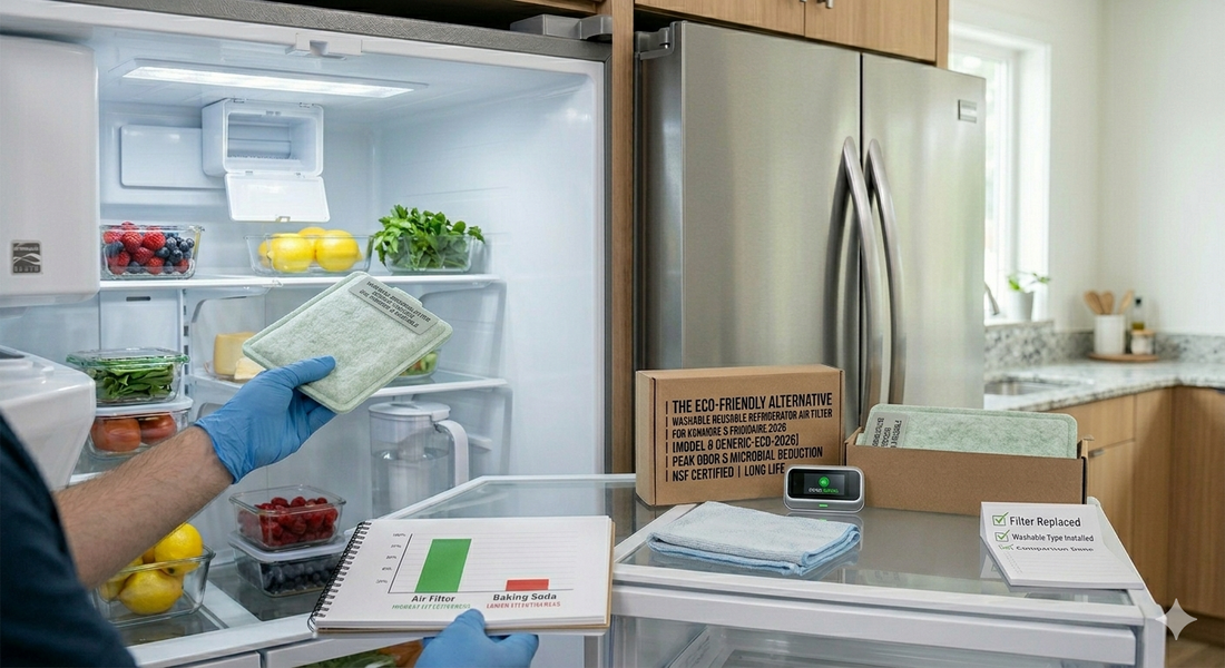 A split image comparing a hand installing a long refrigerator air filter in a Kenmore fridge on the left with a hand operating a room air purifier next to a comparison chart on the right.