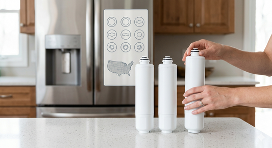 A person holds a white water filter next to an infographic on a kitchen counter.