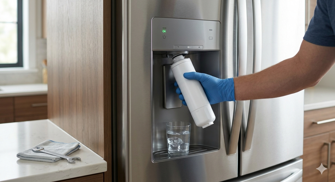 A person wearing a blue glove installs a new refrigerator water filter while the indicator light shows OK.