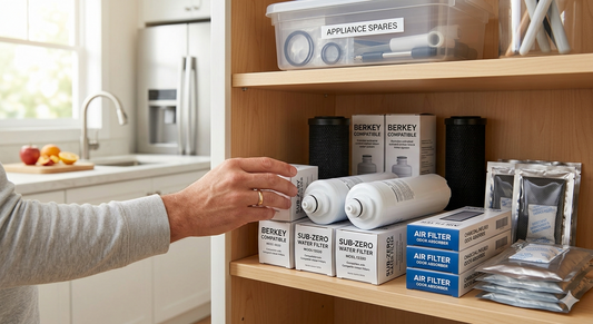 A hand selects a Sub-Zero water filter from an organized kitchen pantry shelf containing various spare water and air filters.