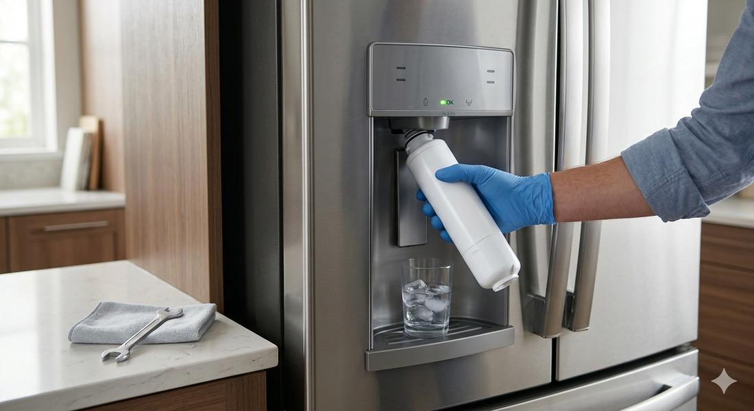 A person wearing a blue glove installs a new white refrigerator water filter, which shows an OK indicator.
