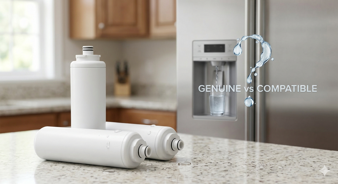 Three white refrigerator water filters on a kitchen counter with a Sub-Zero fridge and a "genuine vs compatible" question mark.