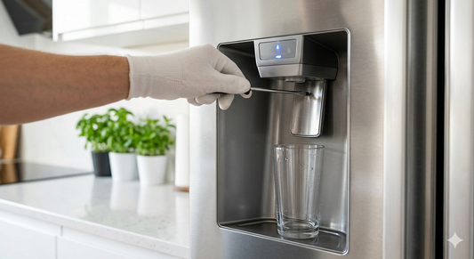 Close-up shot of hand in white glove inspecting a stainless steel refrigerator water dispenser for troubleshooting.