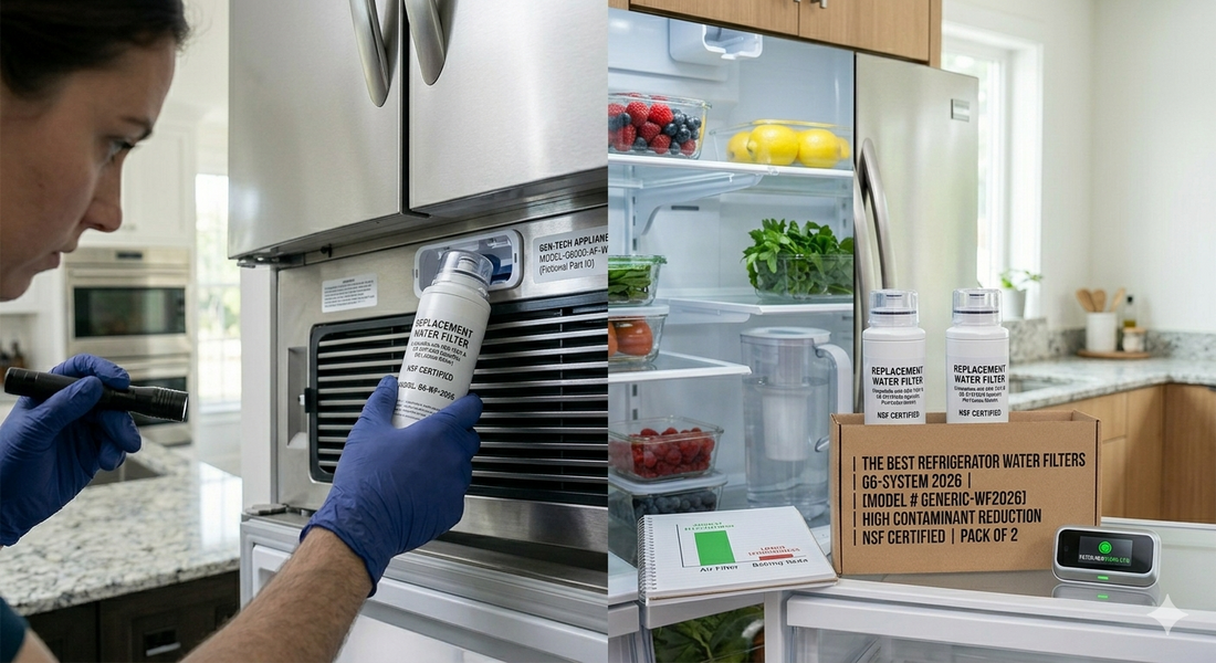A technician wearing blue gloves installs a replacement water filter into a GE refrigerator grille while a product box and filter status display are shown nearby.