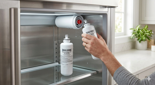 A close-up photograph of a hand unscrewing a water filter from the upper interior housing of an open, stainless steel Sub-Zero refrigerator.