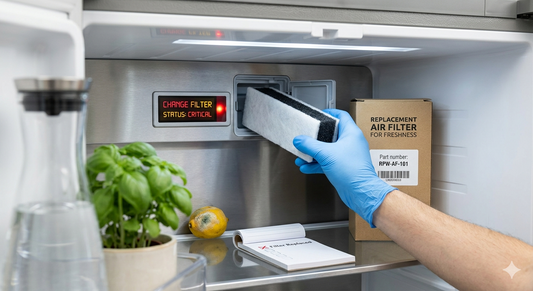 A person wearing a blue glove installs a new black and white rectangular air filter into a refrigerator compartment.