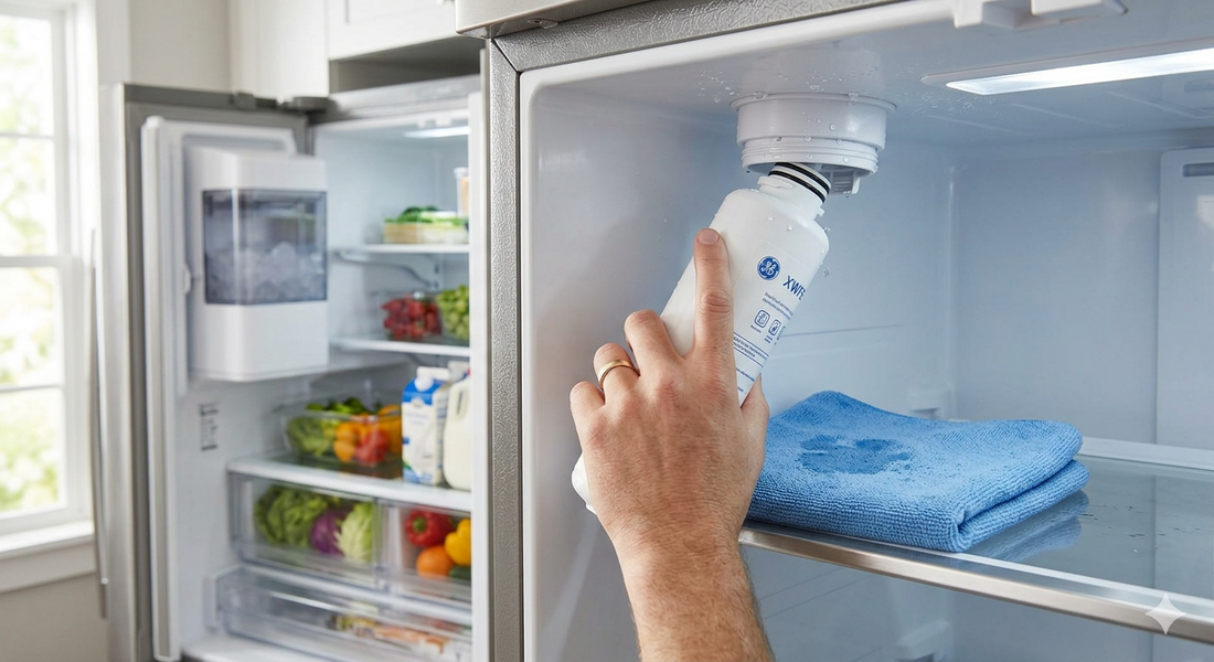 A close-up photograph capturing a hand holding a white GE XWFE water filter, pointing towards the dispenser housing on a stainless steel refrigerator door, where water droplets are visible. A blue microfiber cloth sits on the shelf below.