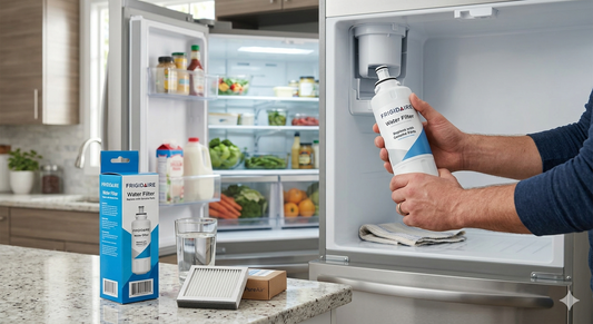 A person in a kitchen holding a new Frigidaire water filter, with an air filter and packaging on the counter, ready for a dual-filter replacement.