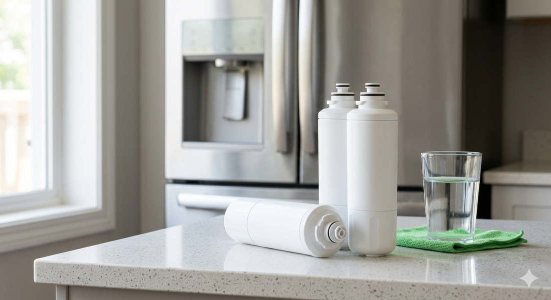 Three white refrigerator water filter cartridges on a kitchen counter with a blurred stainless steel fridge.