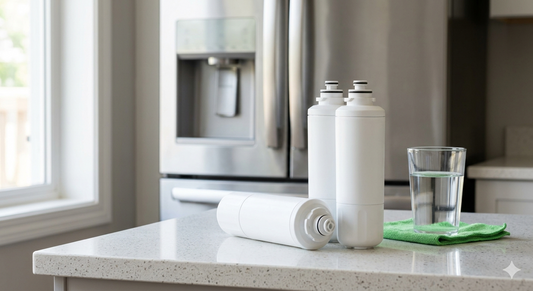 Three white refrigerator water filter cartridges on a kitchen counter with a blurred stainless steel fridge.