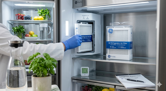 A technician in a white lab coat installs a GE refrigerator air filter into the interior compartment of a modern fridge.