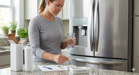 A woman standing in a kitchen holding a glass of water and comparing a test strip to a color-coded chart to check her refrigerator's water quality.